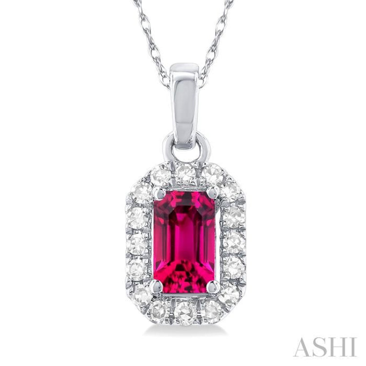 5x3 MM Octagonal Shape Pink Tourmaline and 1/20 Ctw Single Cut Diamond Halo Semi-Precious Pendant with Chain in 14K White Gold