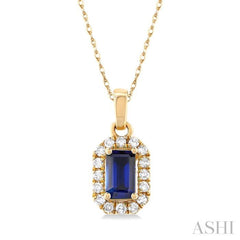 5x3 MM Octagonal Shape Sapphire and 1/20 Ctw Single Cut Diamond Halo Precious Pendant with Chain in 14K Yellow Gold
