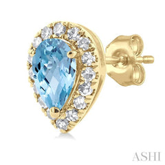 5x3 MM Pear Shape Aquamarine and 1/8 Ctw Single Cut Diamond Halo Semi-Precious Stud Earrings in 10K Yellow Gold