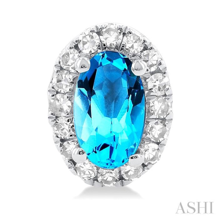 5x3 MM Oval Shape Blue Topaz and 1/8 Ctw Single Cut Diamond Halo Semi-Precious Stud Earrings in 10K White Gold