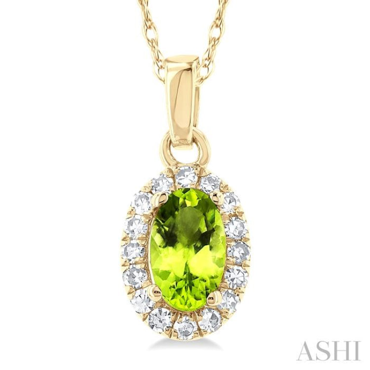 5x3 MM Oval Shape Peridot and 1/20 Ctw Single Cut Diamond Halo Semi-Precious Pendant with Chain in 14K Yellow Gold