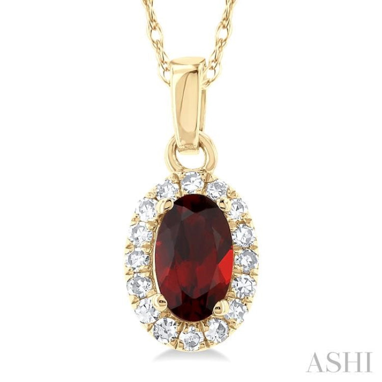 5x3 MM Oval Shape Garnet and 1/20 Ctw Single Cut Diamond Halo Semi-Precious Pendant with Chain in 14K Yellow Gold