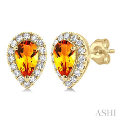 5x3 MM Pear Shape Citrine and 1/8 Ctw Single Cut Diamond Halo Semi-Precious Stud Earrings in 14K Yellow Gold