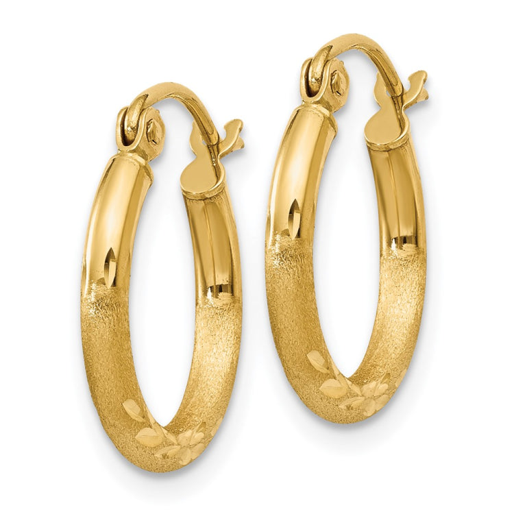 14k 2x15mm Satin Diamond-cut Round Tube Hoop Earrings