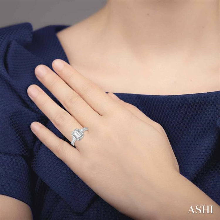 7/8 Ctw Diamond Engagement Ring with 1/2 Ct Octagon Cut Center Diamond in 14K White Gold