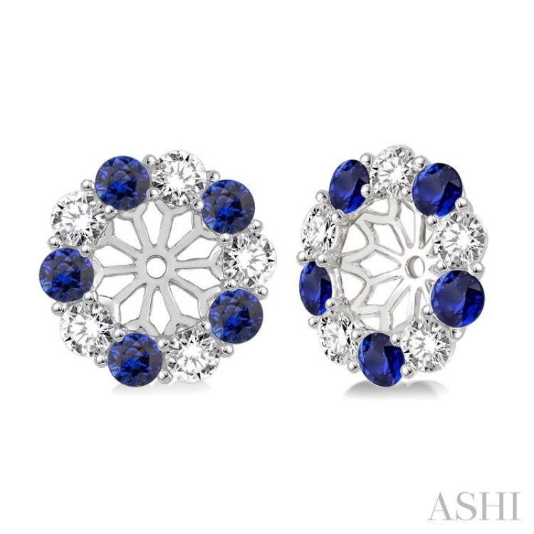 2.9 MM Round Cut Sapphire and 1 Ctw Round Cut Diamond Precious Earrings Jacket in 14K White Gold