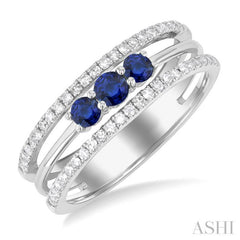 3.2 MM, 2.7 MM Round Cut Sapphire & 1/4 Ctw Single Cut Diamond Past, Present and Future Precious Layered Fashion Ring in 10K White Gold