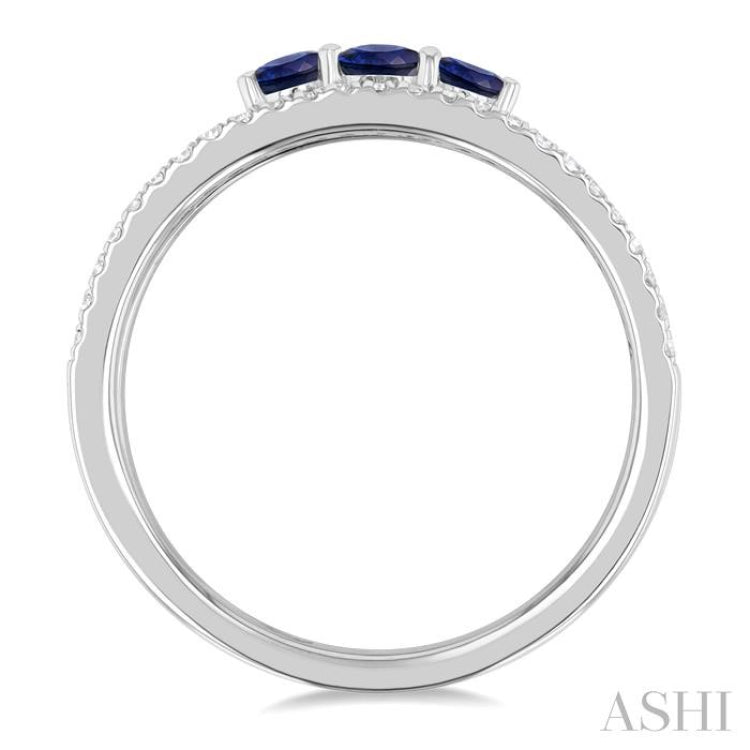 3.2 MM, 2.7 MM Round Cut Sapphire & 1/4 Ctw Single Cut Diamond Past, Present and Future Precious Layered Fashion Ring in 10K White Gold