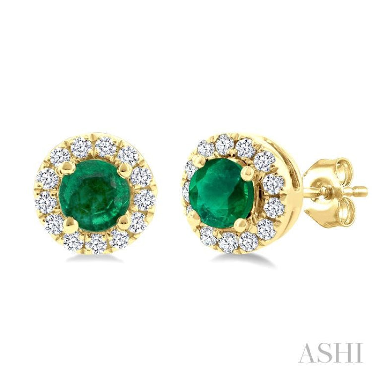 3.25 MM Round Emerald and 1/10 Ctw Single Cut Diamond Halo Precious Stud Earrings in 14K Yellow Gold
