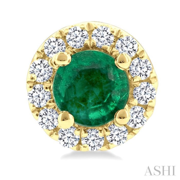 3.25 MM Round Emerald and 1/10 Ctw Single Cut Diamond Halo Precious Stud Earrings in 14K Yellow Gold