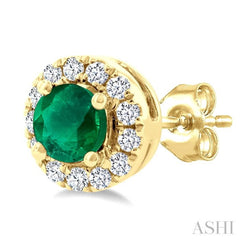 3.25 MM Round Emerald and 1/10 Ctw Single Cut Diamond Halo Precious Stud Earrings in 14K Yellow Gold