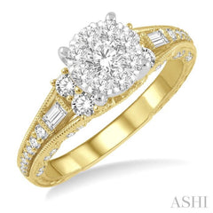 7/8 Ctw Circular Mount Lovebright Round Cut and Baguette Diamond Engagement Ring in 14K Yellow and White Gold