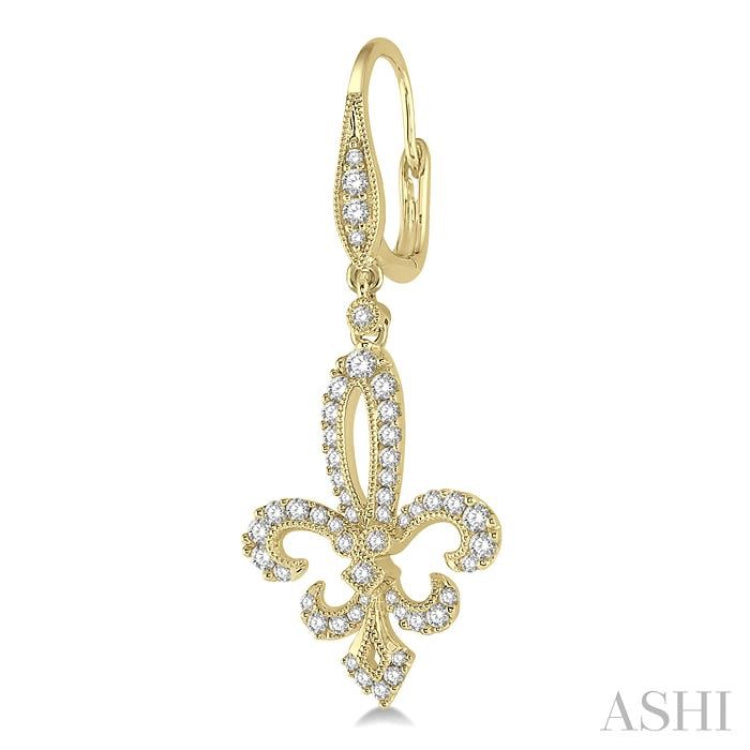 3/4 Ctw Fleur De Lis Round Cut Diamond Hanging Earrings in 14K Yellow Gold