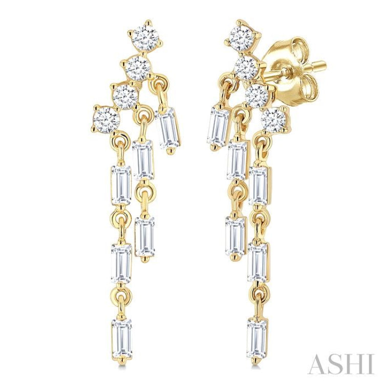 3/4 Ctw Mini Chandelier Baguette and Round Cut Diamond Fashion Long Earrings in 14K Yellow Gold