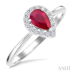 6x4 MM Pear Shape Ruby and 1/6 Ctw Round Cut Diamond Halo Precious Ring in 14K White Gold
