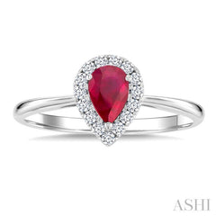 6x4 MM Pear Shape Ruby and 1/6 Ctw Round Cut Diamond Halo Precious Ring in 14K White Gold
