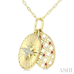 1 MM Round Cut Ruby and 1/20 Ctw Round Cut Diamond  Fluted Star Shaped Precious Pendant with Chain in 10K Yellow Gold