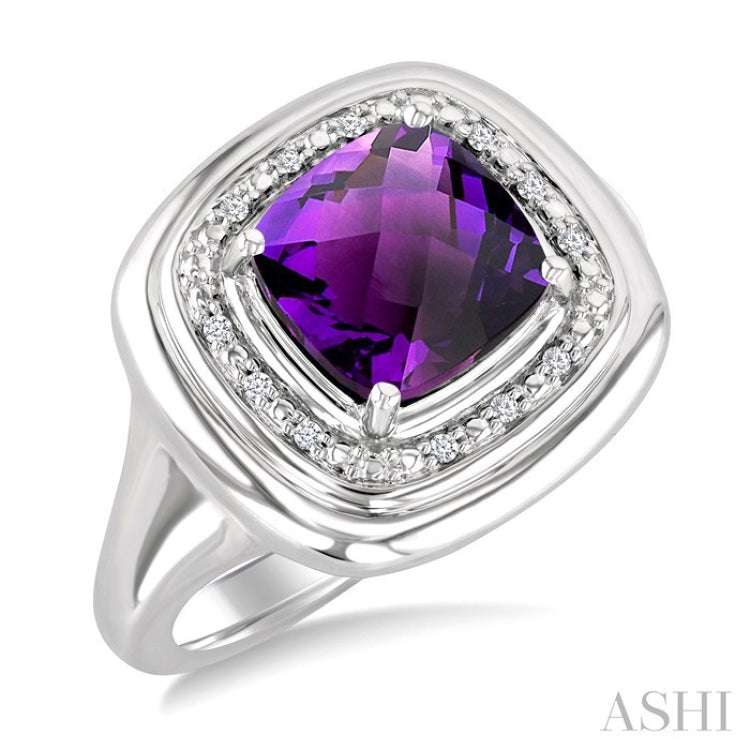 8 MM Cushion Shape Amethyst and 1/20 Ctw Round Cut Diamond Bold Semi-Precious Ring in Sterling Silver