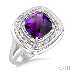8 MM Cushion Shape Amethyst and 1/20 Ctw Round Cut Diamond Bold Semi-Precious Ring in Sterling Silver