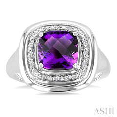 8 MM Cushion Shape Amethyst and 1/20 Ctw Round Cut Diamond Bold Semi-Precious Ring in Sterling Silver