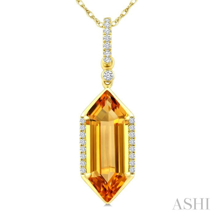 16X6 MM Evoque Gemstone Hexagon Shape Citrine and 1/10 Ctw Round Cut Diamond Semi-Precious Pendant With Chain in 10K Yellow Gold