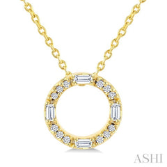 1/10 Ctw Baguette and Round Cut Diamond  Circle Shape Fashion Pendant With Chain in 10K Yellow Gold