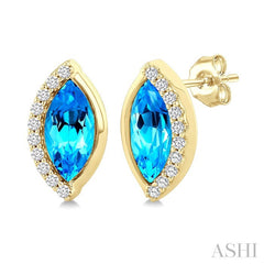 8X4 MM Marquise Shape Blue Topaz and 1/10 Ctw Round Cut Diamond Semi-Precious Earrings in 10K Yellow Gold