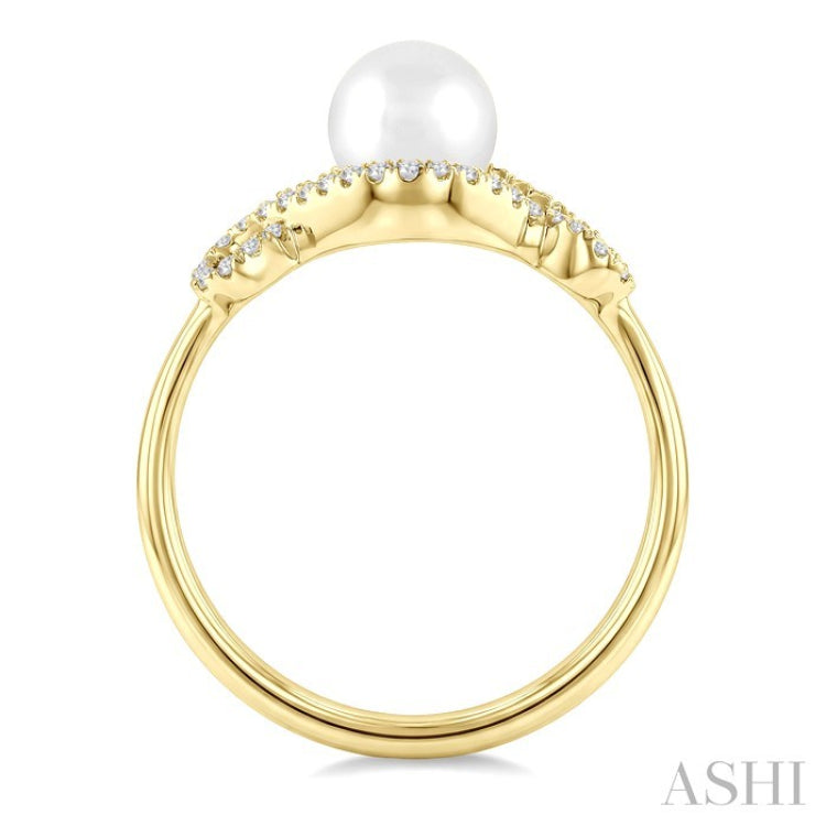 6 MM Cultured Pearl and 1/6 Ctw Round Cut Diamond  Petite Halo Ring in 10K Yellow Gold