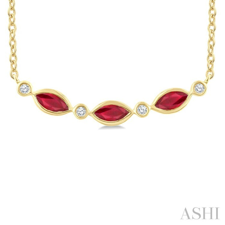 4X2 MM Marquise Shape Ruby and 1/50 Ctw Round Cut Diamond Precious Bar Necklace in 10K Yellow Gold