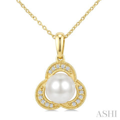 7 MM White Cultured Pearl and 1/20 Ctw Round Cut Diamond Fashion Pendant With Chain in 10K Yellow Gold