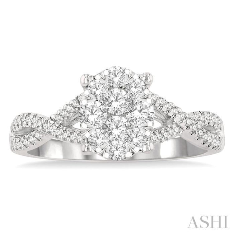 5/8 Ctw Oval Shape Center Split Criss Cross Shank Lovebright Round Cut Diamond Engagement Ring in 14K White Gold