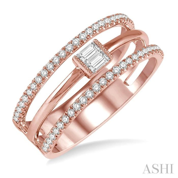 1/3 Ctw Three Row Layered Baguette & Round Diamond Fashion Ring in 14K Rose Gold