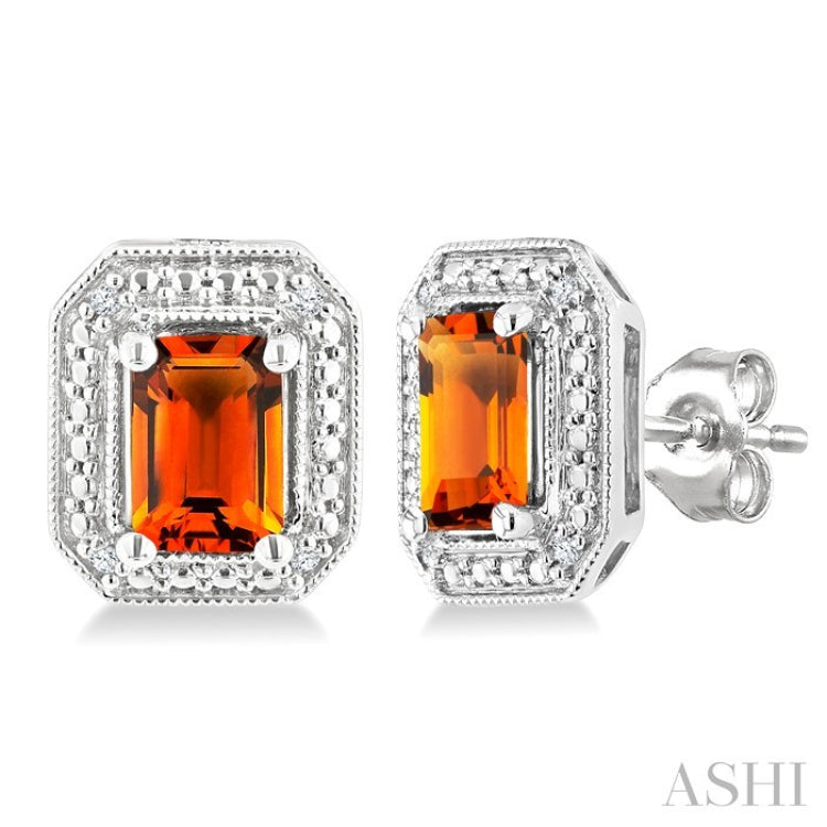 6X4 MM Octagon Shape Citrine and 1/50 Ctw Round Cut Diamond Semi-Precious Earrings in Sterling Silver