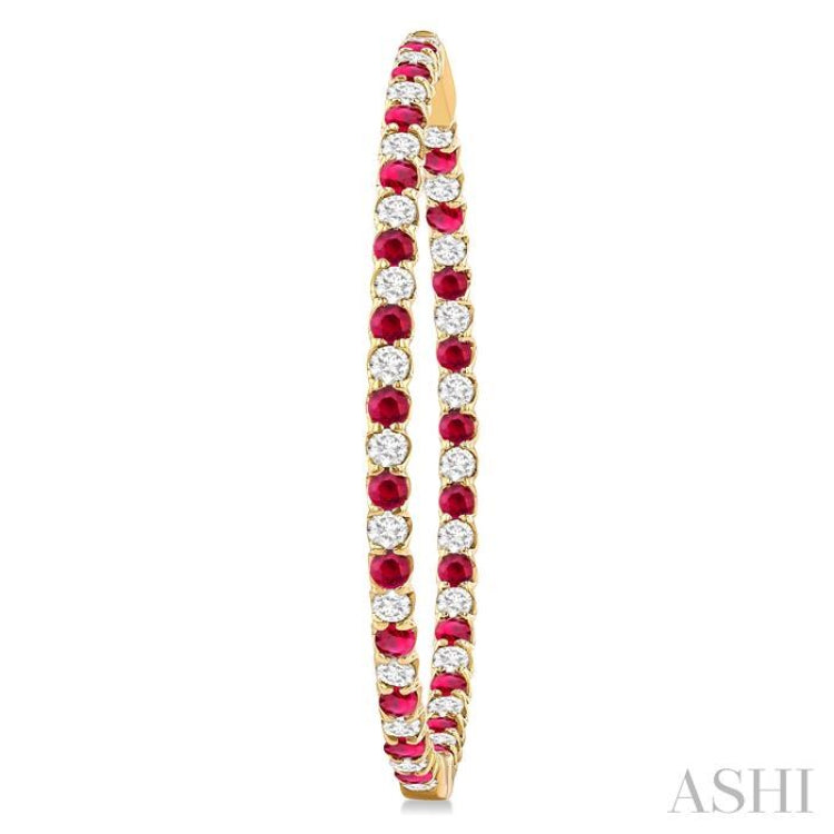 2.3 MM Ruby and Alternating 2 1/2 Ctw Round Cut Inside-Out Diamond Precious Hoop Earrings in 14K Yellow Gold
