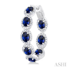 4X3 MM Oval Shape Sapphire and 3/4 Ctw Interior & Exterior Round Cut Diamond Halo Precious Hoop Earrings in 14K White Gold