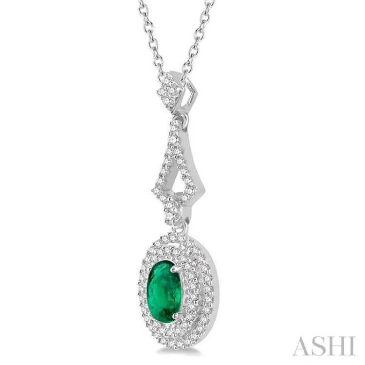 6X4 MM Oval Shape Emerald and 1/5 Ctw Round Cut Diamond Precious Pendant With Chain in 14K White Gold