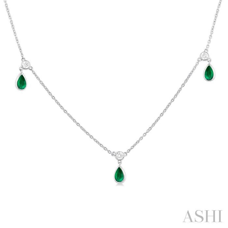 5X3 MM Pear Shape Emerald and 1/4 Ctw Round Cut Diamonds Precious Station Necklace in 14K White Gold