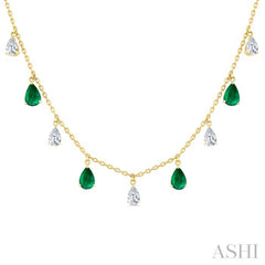 6X4 MM Pear Shape Emerald and 1 Ctw Pear Cut Diamond Precious Station Necklace in 14K Yellow Gold
