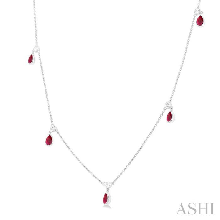 5X3 MM Pear Shape Ruby and 1/4 Ctw Round Cut Diamonds Precious Station Necklace in 14K White Gold
