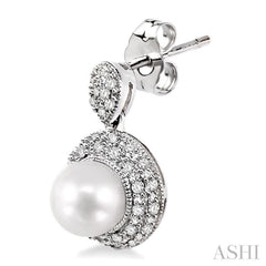 6 MM Cultured Pearl and 1/3 Ctw Single Cut Diamond Earrings in 14K White Gold