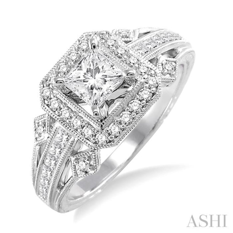 Princess Shape Semi-Mount Halo Diamond Engagement Ring