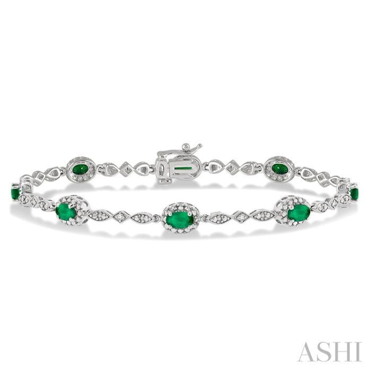 5x3 MM Oval Cut Emerald and 1/20 ctw Single Cut Diamond Bracelet in 14K White Gold