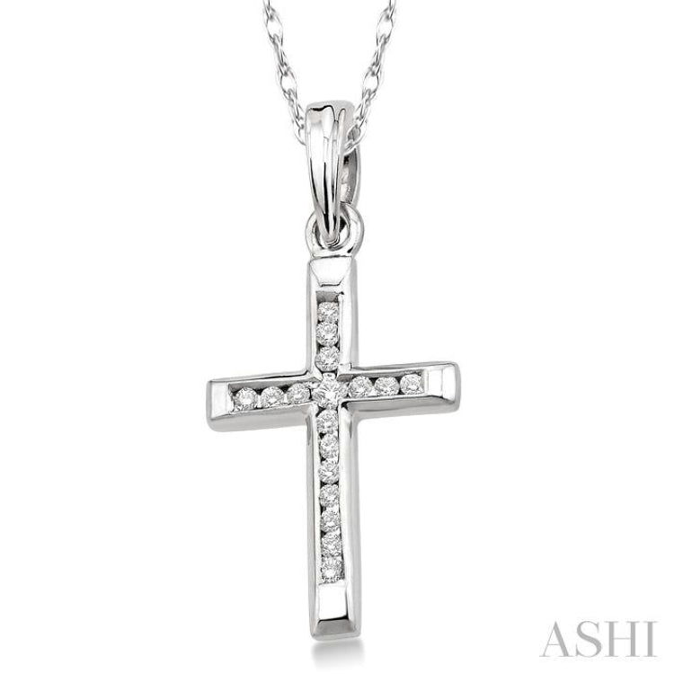 1/10 Ctw Single Cut Diamond Cross Pendant in 14K White Gold with Chain