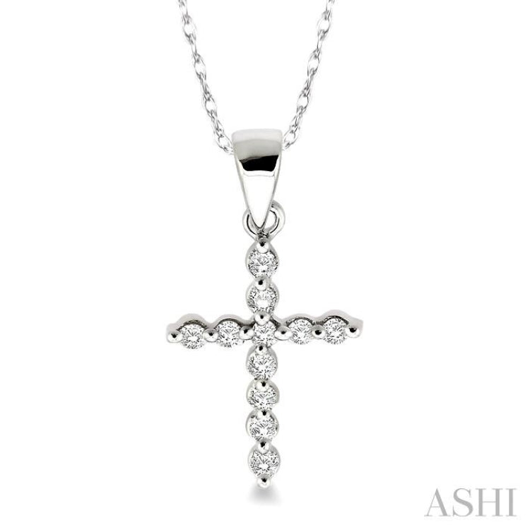 1/10 Ctw Round Cut Diamond Cross Petite Pendant in 14K White Gold with Chain