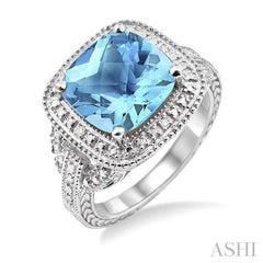 Silver Cushion Shape Gemstone & Diamond Ring