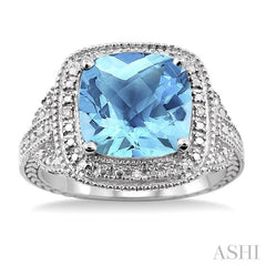 Silver Cushion Shape Gemstone & Diamond Ring