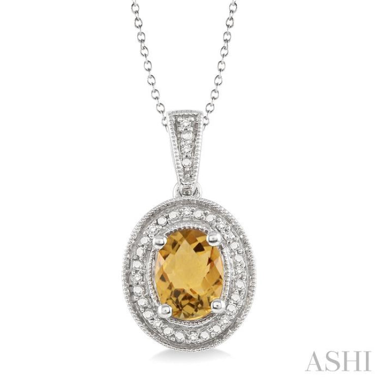 Silver Oval Shape Gemstone & Halo Diamond Pendant