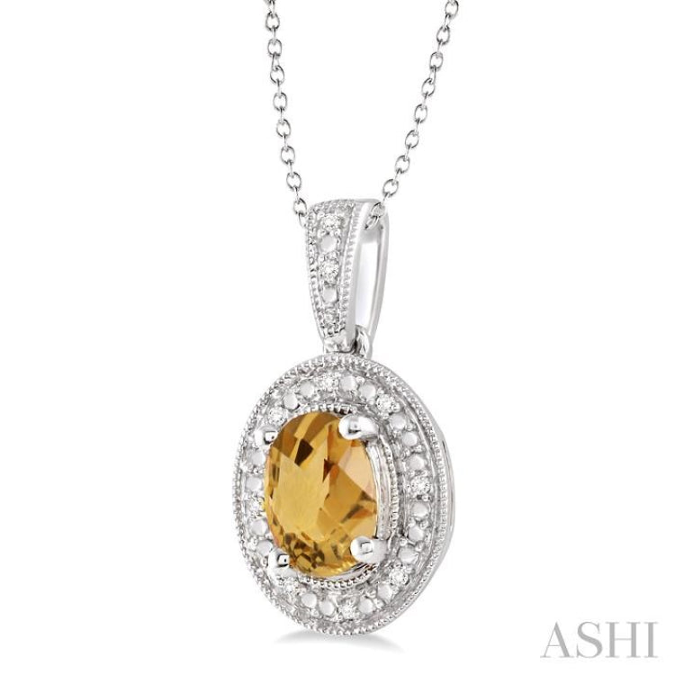 Silver Oval Shape Gemstone & Halo Diamond Pendant