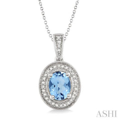 Silver Oval Shape Gemstone & Halo Diamond Pendant