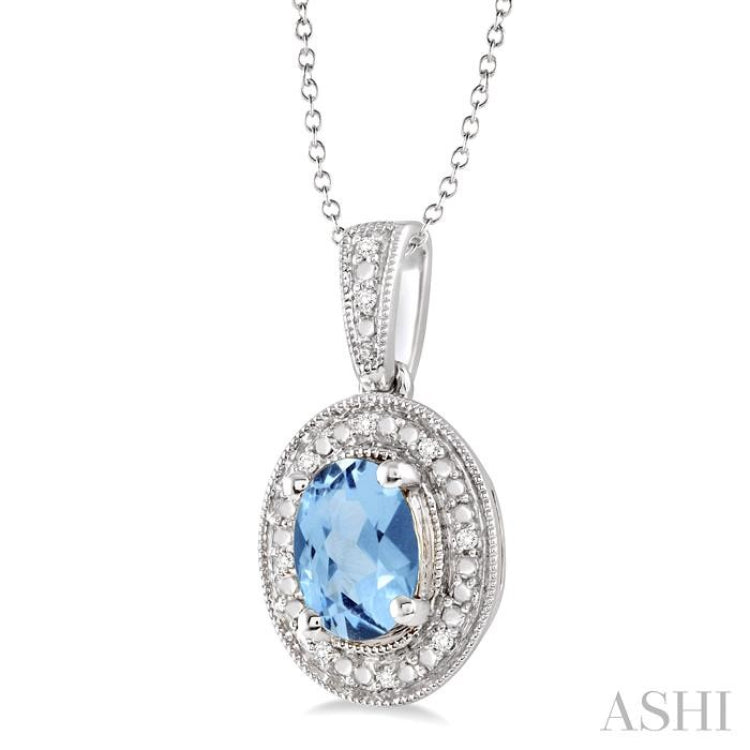 Silver Oval Shape Gemstone & Halo Diamond Pendant